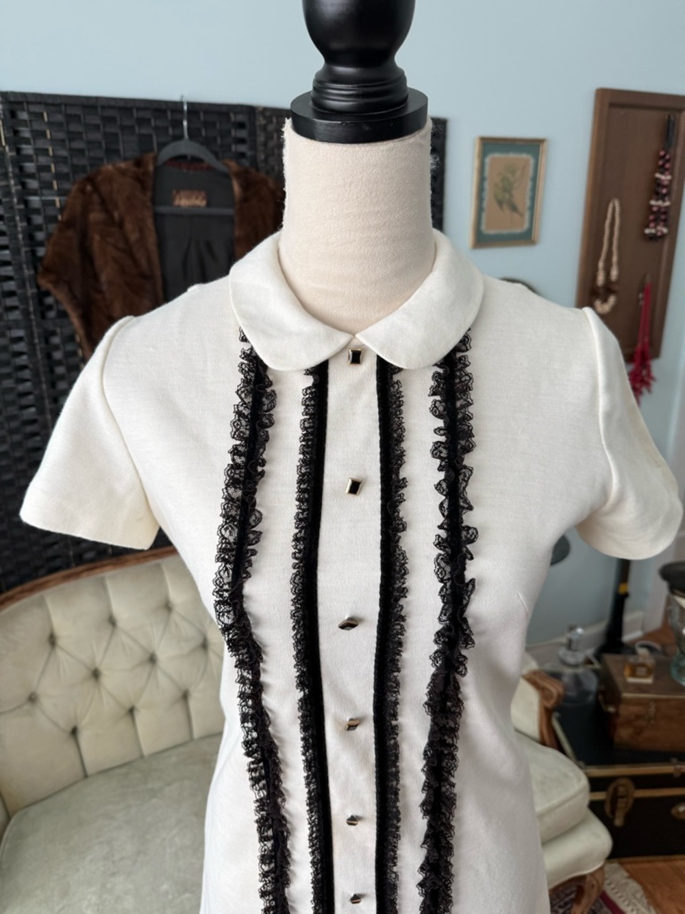 🖤 Vintage Gay Gibson Dress Lace Buttons Peter Pan Collar Mod Pin Up Fair Cond - Picture 2 of 9